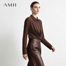 Amii Women's Faux Layered Long Sleeve T-Shirt Stretch Lapel Collar Slim Fit Casual Business Top for Women Autumn 12613016