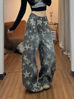 Star Camo Curved Barrel Cargo Jeans Women Retro Loose Slim Designer Streetwear Pants