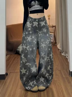 Star Camo Curved Barrel Cargo Jeans Women Retro Loose Slim Designer Streetwear Pants