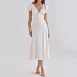 Women White Solid Midi Dress New V‑Neck Ruffle Short Sleeve Front Bow Tie A‑Line Flowy Dress Elegant Wedding Guest Party Dresses
