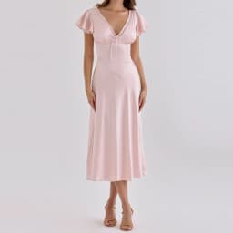 Women White Solid Midi Dress New V‑Neck Ruffle Short Sleeve Front Bow Tie A‑Line Flowy Dress Elegant Wedding Guest Party Dresses