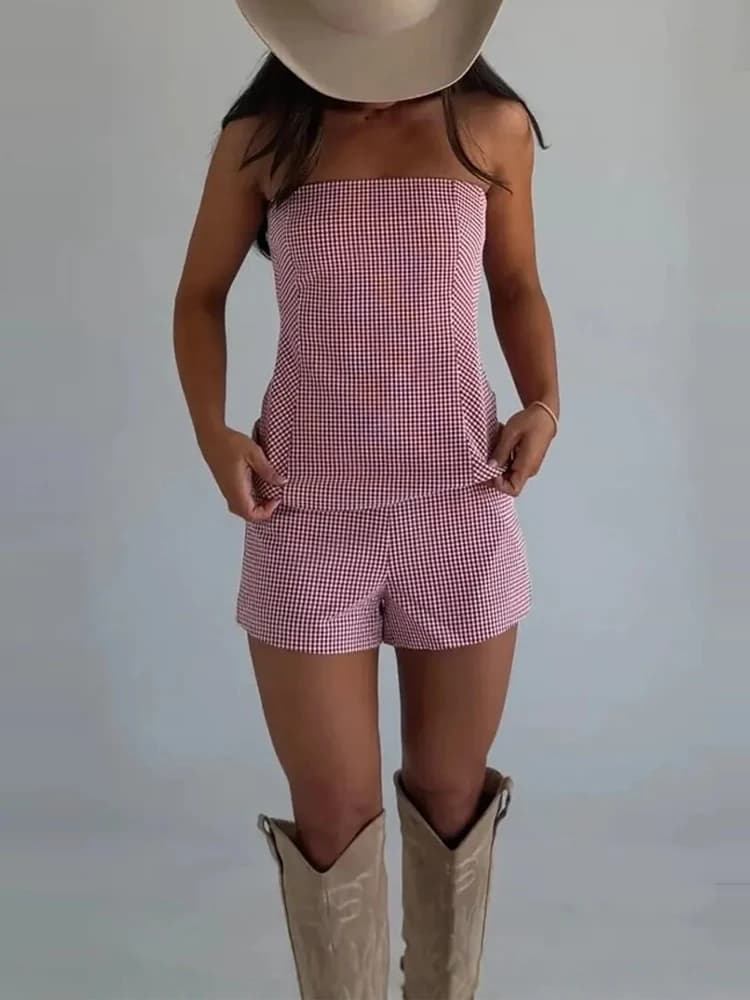 Retro Checkered Mini Outfit Casual Slim Fit Sleeveless Top And Shorts Two Piece Elegant Strapless High Waist Beach Vacation Suit