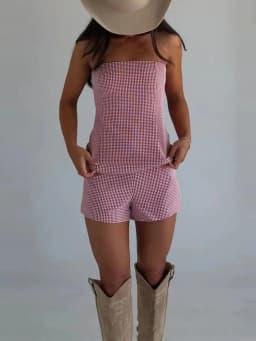 Retro Checkered Mini Outfit Casual Slim Fit Sleeveless Top And Shorts Two Piece Elegant Strapless High Waist Beach Vacation Suit