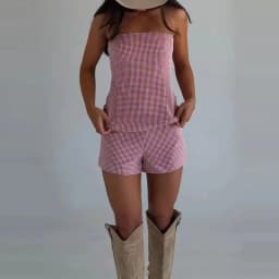Retro Checkered Mini Outfit Casual Slim Fit Sleeveless Top And Shorts Two Piece Elegant Strapless High Waist Beach Vacation Suit