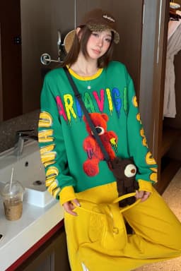 Cartoon Bear Print Oversized Pullovers Sweatshirts Woman 2026 Autumn Japanese Korean Fashion O Neck Tops Y2k Bust140cm Outwwears