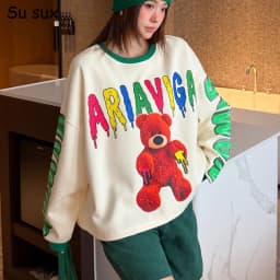 Cartoon Bear Print Oversized Pullovers Sweatshirts Woman 2026 Autumn Japanese Korean Fashion O Neck Tops Y2k Bust140cm Outwwears