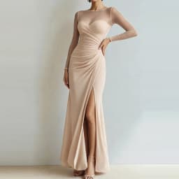 Sexy Mesh Splicing Solid Bodycon Dress Women's Casual Long Sleeved Ruched Prom Party Dress Elegant O-neck Split Slim Long Dress
