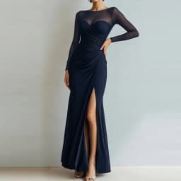 Sexy Mesh Splicing Solid Bodycon Dress Women's Casual Long Sleeved Ruched Prom Party Dress Elegant O-neck Split Slim Long Dress