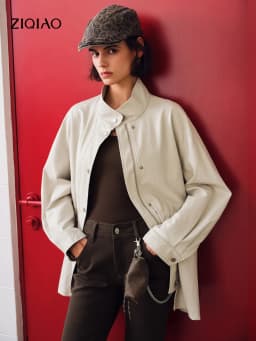 ZIQIAO 2026 Autumn Women White PU Leather Jacket H-Line Stand Collar Waist Cinching Utility Casual Streetwear Outerwear New Coat
