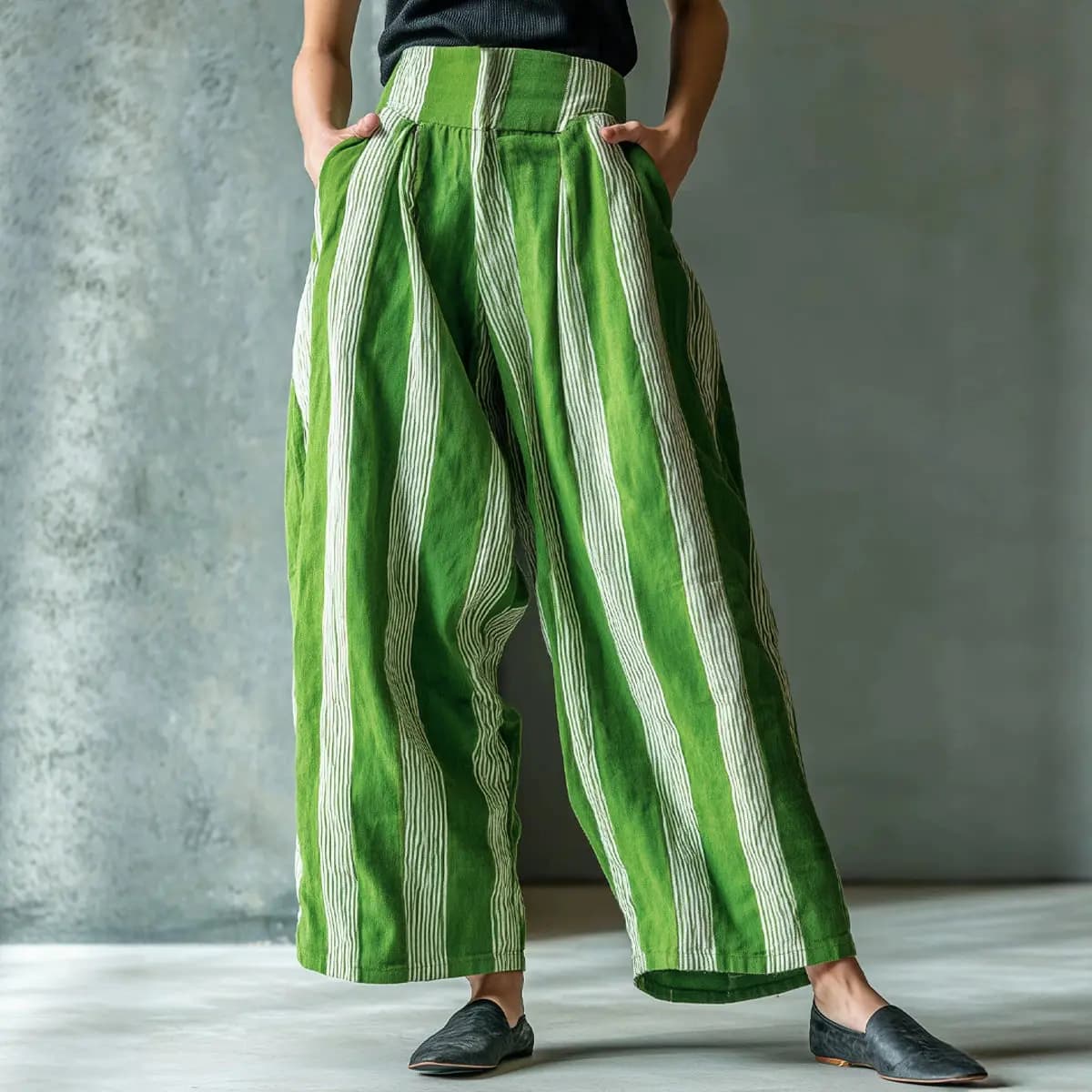 Women Stripe Linen Harem Pants High Waist Pleated Loose Wide Leg Trousers Boho Casual Baggy Palazzo Pants Pantalones De Mujer