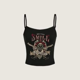 Women Gothic Skull Crossbones Print Cami Tank Top, Y2K Alt Subculture Sleeveless Spaghetti Strap Slim Camisole Summer Inner