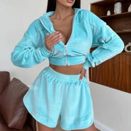 Simple Solid Long Sleeved Sports Suit Casual Zipper Cardigan+Shorts 2pc Set Fashion Striped Stand Up Collar Waist Cinch Home Set