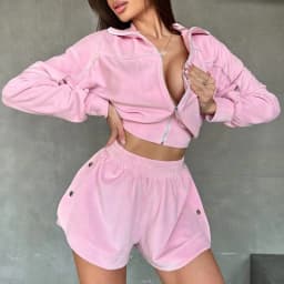 Simple Solid Long Sleeved Sports Suit Casual Zipper Cardigan+Shorts 2pc Set Fashion Striped Stand Up Collar Waist Cinch Home Set