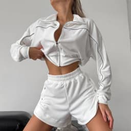 Simple Solid Long Sleeved Sports Suit Casual Zipper Cardigan+Shorts 2pc Set Fashion Striped Stand Up Collar Waist Cinch Home Set