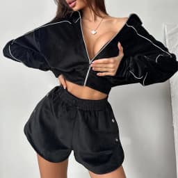 Simple Solid Long Sleeved Sports Suit Casual Zipper Cardigan+Shorts 2pc Set Fashion Striped Stand Up Collar Waist Cinch Home Set