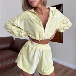 Simple Solid Long Sleeved Sports Suit Casual Zipper Cardigan+Shorts 2pc Set Fashion Striped Stand Up Collar Waist Cinch Home Set