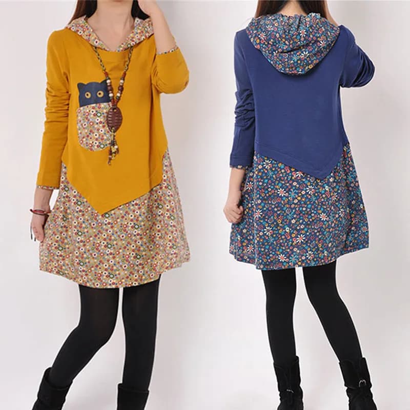 Korean Fashion Women Winter Shirt Dress Long Tops Female Floral Printed Streetwear Hoodies Long Sleeve Shirt Dress Pullovers