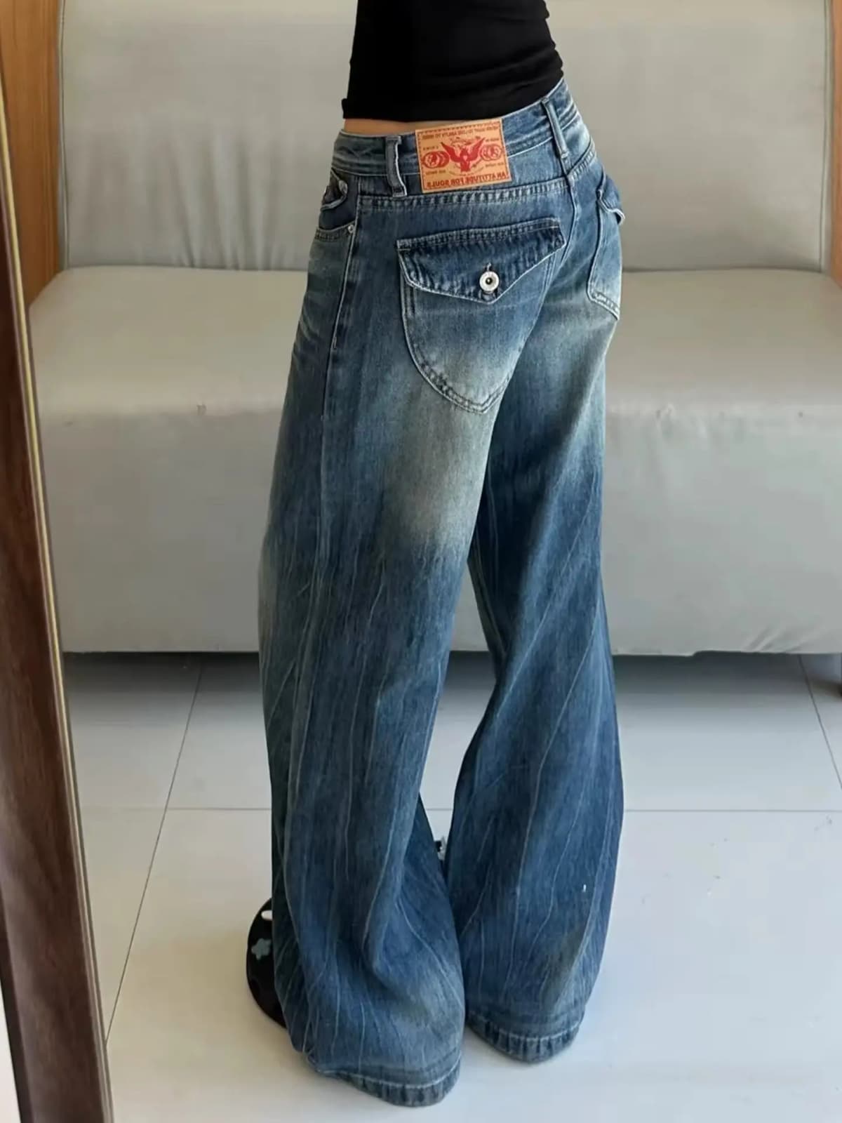 Low Waist Straight Wide Leg Jeans Women Autumn New Washed Draped Slim Retro Streetwear Denim Pants