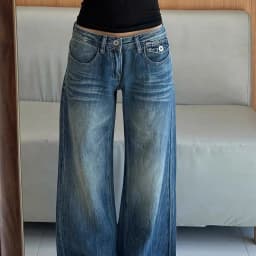 Low Waist Straight Wide Leg Jeans Women Autumn New Washed Draped Slim Retro Streetwear Denim Pants
