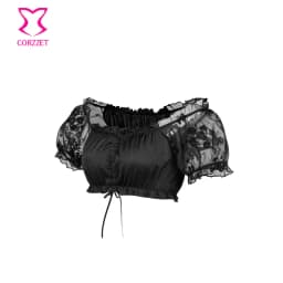 Women Black Organza Flocked Floral Off Shoulder Short Sleeve Summer Crop Tops Tee Tank Top Clubwear Corset Matching Accessories