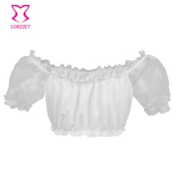 Women Black Organza Flocked Floral Off Shoulder Short Sleeve Summer Crop Tops Tee Tank Top Clubwear Corset Matching Accessories