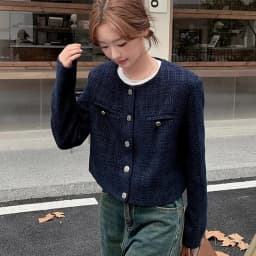 Korean Fashion Blend Tweed Cropped Jacket Women 2026 Autumn Round Neck Long Sleeve Coats Woman Chic Button Up Short Coat Female