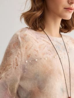 SuyaDream, Gradient Tie‑Dye Mohair Women Sweater Round Neck Hollow Lace Knit Pearl Beaded Loose Long Sleeve Pullover Top