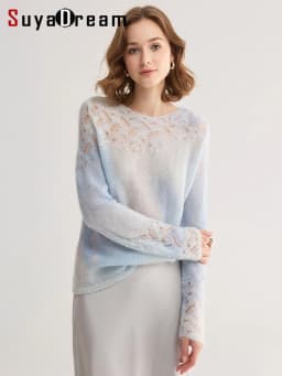 SuyaDream, Gradient Tie‑Dye Mohair Women Sweater Round Neck Hollow Lace Knit Pearl Beaded Loose Long Sleeve Pullover Top
