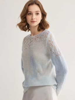 SuyaDream, Gradient Tie‑Dye Mohair Women Sweater Round Neck Hollow Lace Knit Pearl Beaded Loose Long Sleeve Pullover Top