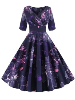 Half Sleeve Black Summer Women Dress Floral Print Vintage Party Dresses Robe Casual Retro A-Line Vestidos