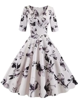 Half Sleeve Black Summer Women Dress Floral Print Vintage Party Dresses Robe Casual Retro A-Line Vestidos