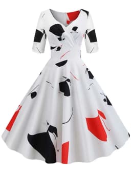 Half Sleeve Black Summer Women Dress Floral Print Vintage Party Dresses Robe Casual Retro A-Line Vestidos