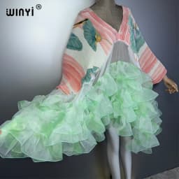 WINYI Women's Pleated Elastic Loose Dress Dubai Luxury Party Caftan Beach Cover up Middle East Abaya Muslim Kaftan Eveningwear