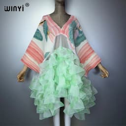 WINYI Women's Pleated Elastic Loose Dress Dubai Luxury Party Caftan Beach Cover up Middle East Abaya Muslim Kaftan Eveningwear