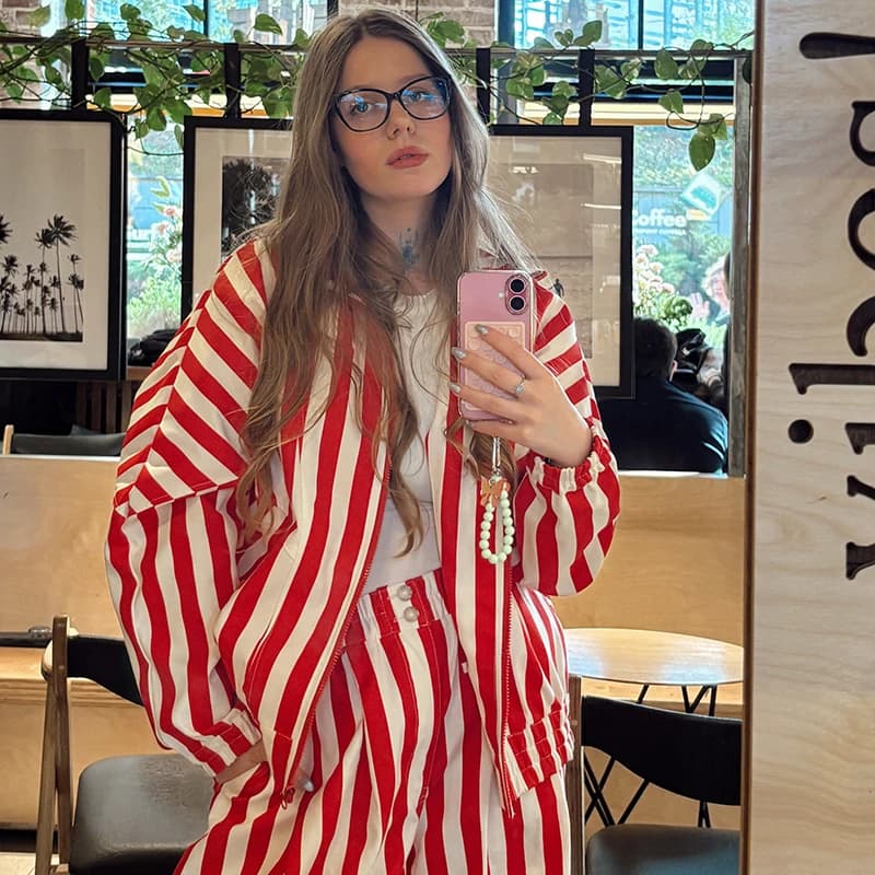 Women Retro Vertical Stripe Matching Two Piece Set Zip Hoodie Jacket Elastic Waist Wide Leg Pants Y2k Casual Street Outfit