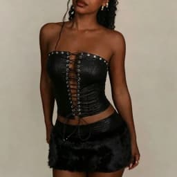 Hot Girls Sexy Lace-up Hollow PU Leather Set Women Strapless Slim Top & Feather Mini Skirts Outfit Summer Backelss Bodycon Suits