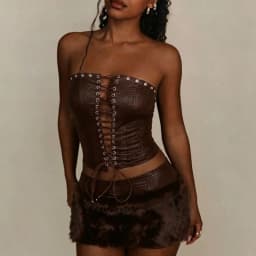 Hot Girls Sexy Lace-up Hollow PU Leather Set Women Strapless Slim Top & Feather Mini Skirts Outfit Summer Backelss Bodycon Suits
