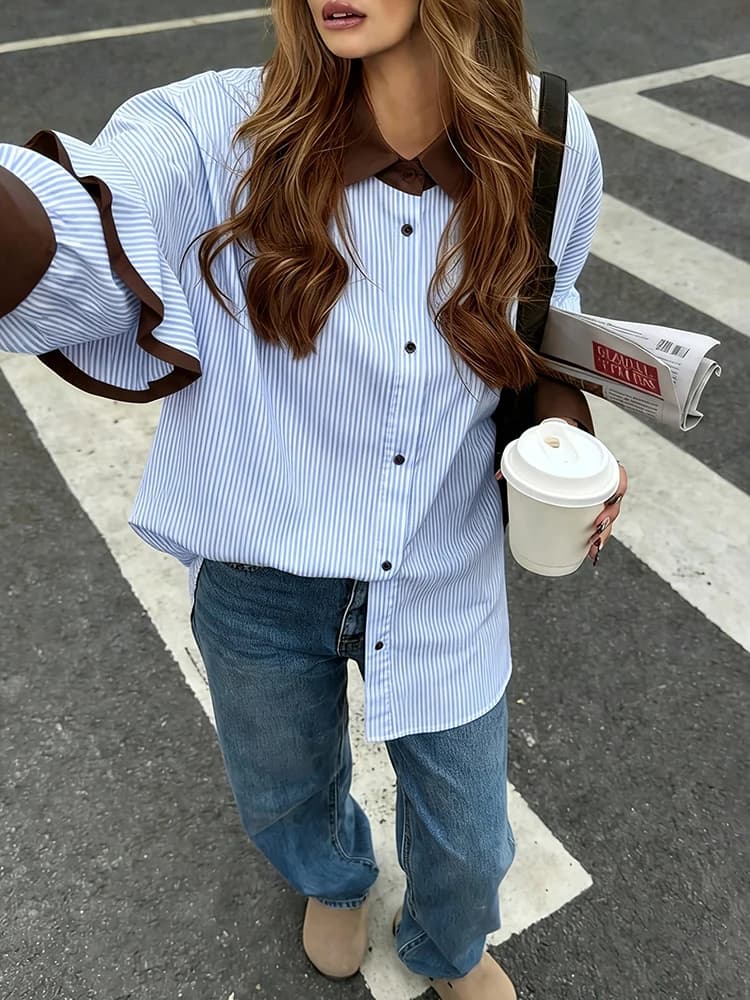 2026 Autumn Women Chic Turn-Down Collar Long Sleeve Fashion Blouse Single-Breasted Holiday Simple Loose Cardigan Top Streetwear