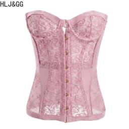 HLJ&GG Sexy Lace See Though Corset Two Piece Sets Women Off Shoulder Sleevelees Tube And Bandage Ruffle Shorts Outfit Streetwear
