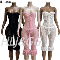 HLJ&GG Sexy Lace See Though Corset Two Piece Sets Women Off Shoulder Sleevelees Tube And Bandage Ruffle Shorts Outfit Streetwear