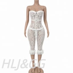 HLJ&GG Sexy Lace See Though Corset Two Piece Sets Women Off Shoulder Sleevelees Tube And Bandage Ruffle Shorts Outfit Streetwear
