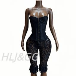 HLJ&GG Sexy Lace See Though Corset Two Piece Sets Women Off Shoulder Sleevelees Tube And Bandage Ruffle Shorts Outfit Streetwear
