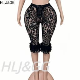 HLJ&GG Sexy Lace See Though Corset Two Piece Sets Women Off Shoulder Sleevelees Tube And Bandage Ruffle Shorts Outfit Streetwear