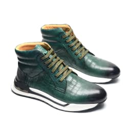 Luxury Winter Men Ankle Boots Cow Genuine Leather Crocodile Print Totem Design Lace-up Motorcycle Boot High Top Mens Sneakers