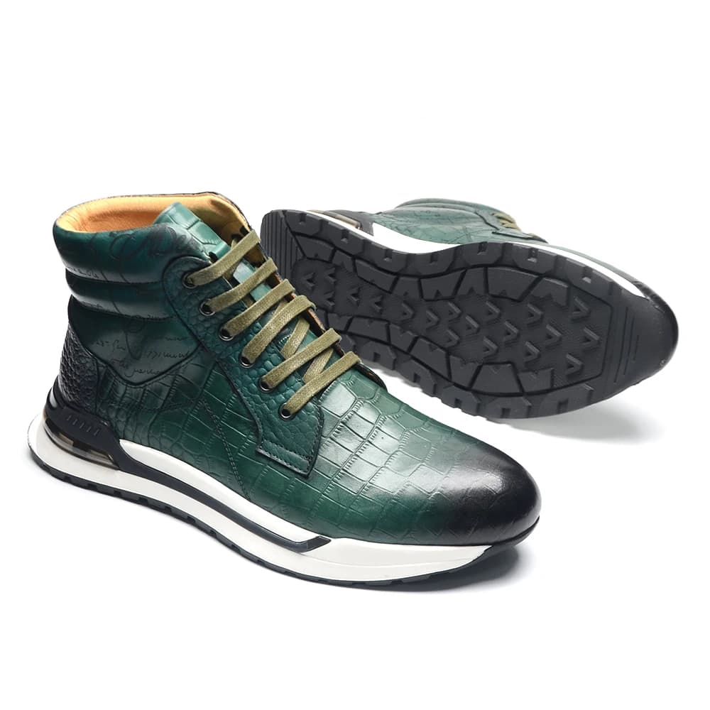 Luxury Winter Men Ankle Boots Cow Genuine Leather Crocodile Print Totem Design Lace-up Motorcycle Boot High Top Mens Sneakers