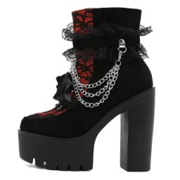 Gdgydh Vintage Gothic Lace Ankle Boots for Women Chunky Heel Side Zipper with Chain Detail Platform Goth Boots High Heels