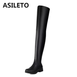 ASILETO New Winter Autumn Over Knee Boots 3.5cm Square Heel Round Toe Leather Thigh High Fashion Big Size 45 46 47 48 US17
