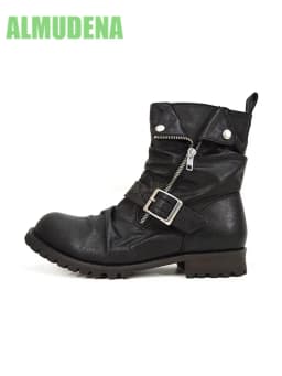 Slant Zipper Pleated Motorcycle Boots Fashionable Trendy for Both Men and Women Side Zipper Western Style Leather Short Boots