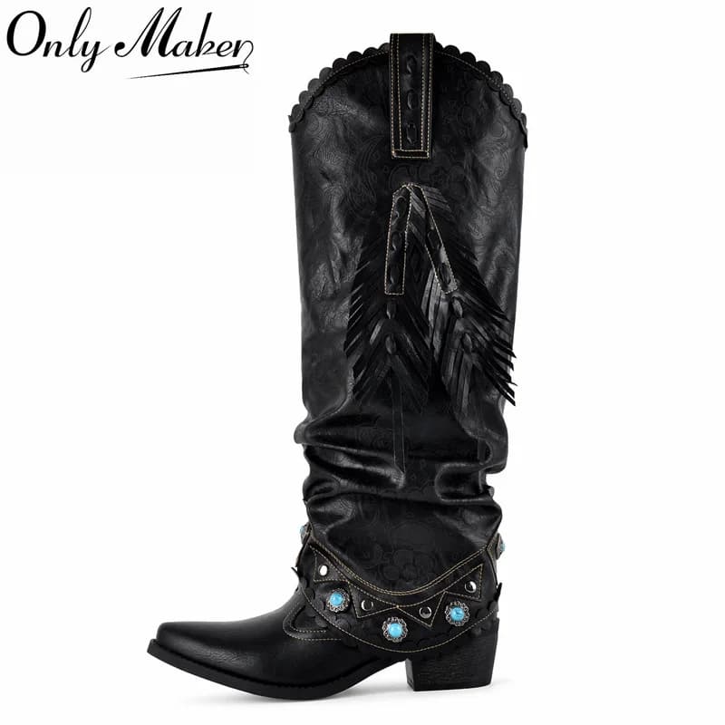 Onlymaker Black Ruched Fringe Western Cowboy Boots Block Heel Pull On Turquoise Studded Embellished Western Knee High Boots