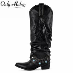 Onlymaker Black Ruched Fringe Western Cowboy Boots Block Heel Pull On Turquoise Studded Embellished Western Knee High Boots